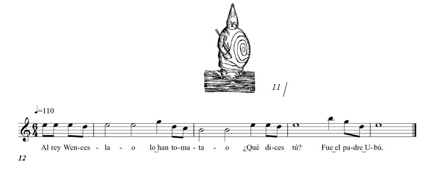 Dibujo de Ubu Rey y partitura